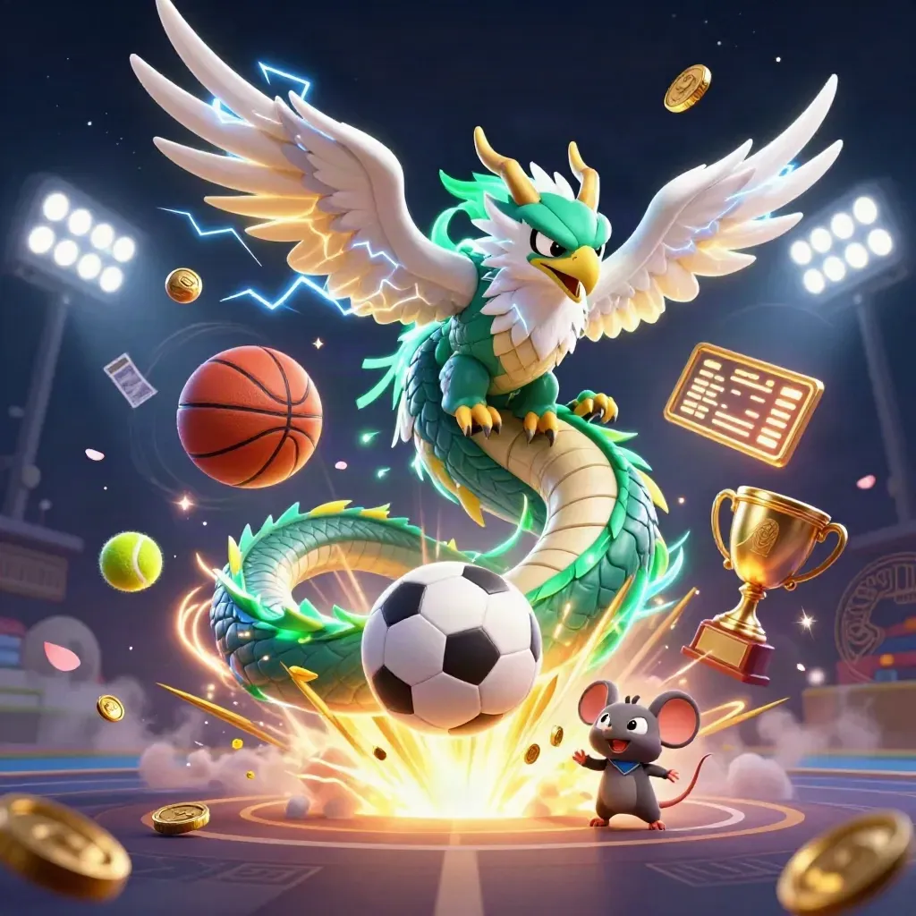 Drachen, Windfalke und Maus wirbeln um Bälle, Gold und Blitze im Stadionlicht.