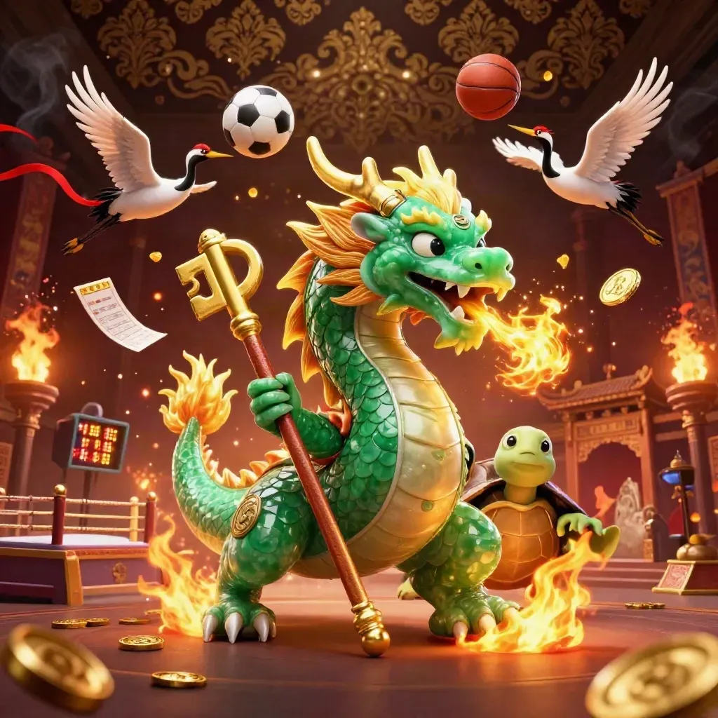 Erzdrache, Schildkröte und Kraniche vor dunklem Damast, mit goldener Energie und Sport-Elementen.