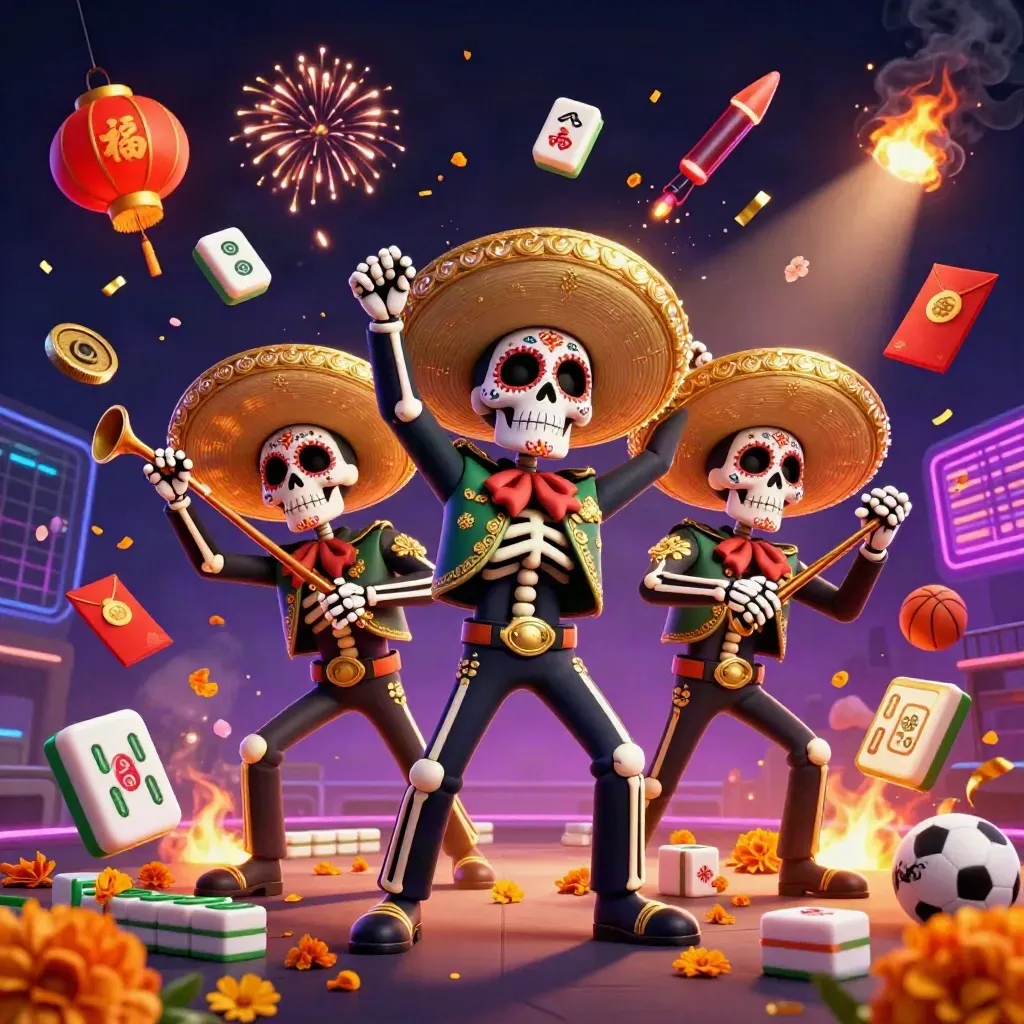 Skelett-Mariachis im Neon-Casino mit Mahjong-Steinen, Sportball und Goldkonfetti
