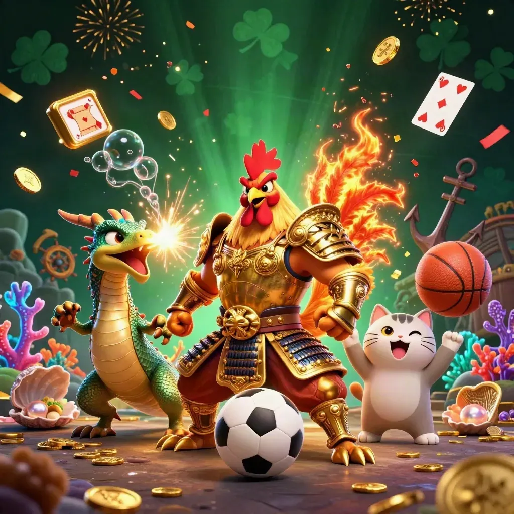 Rooster-Ritter, Drachenbaby und Glückskatze in goldener Casino-Action mit Ball, Münzen und Blitzen.