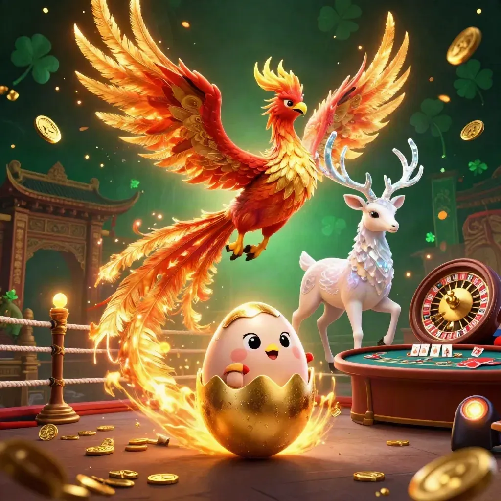Phönix, Hirsch und Jungtier in einer luxuriösen Casino-Szene mit Gold, Smaragd und Licht.