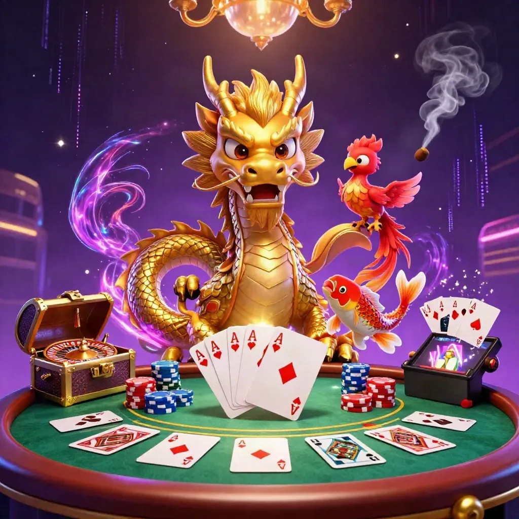 Goldener Drache, Phönix und Koi über Pokertisch mit Neonlicht.
