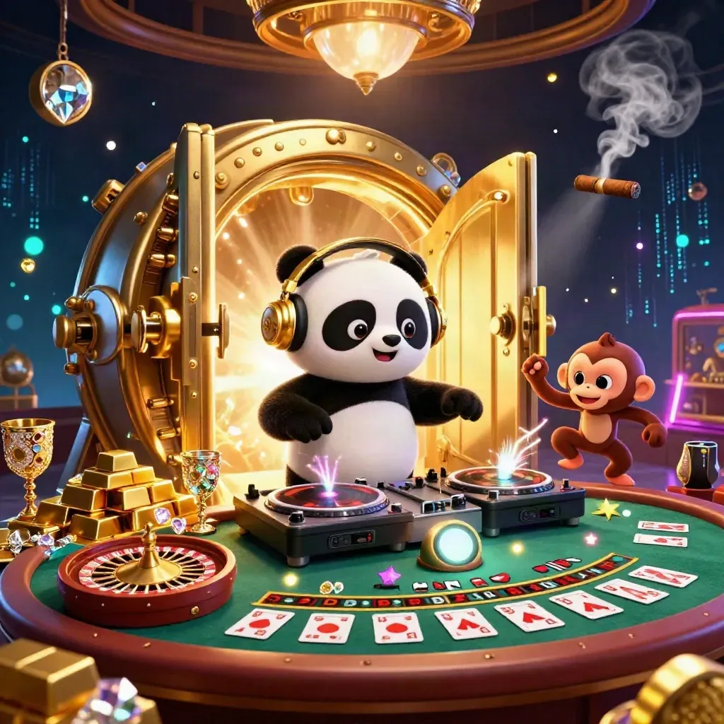 3D-Casino-Keyart mit Panda-DJ, Affe, Glow-Kitten, Goldschatz, Roulette und Lichtblitzen.