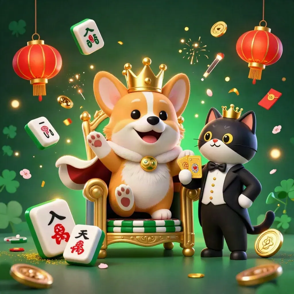 Krönender Corgi und Katzenbutler auf Pokerchip-Thron, umgeben von Glückssymbolen und Goldglanz.