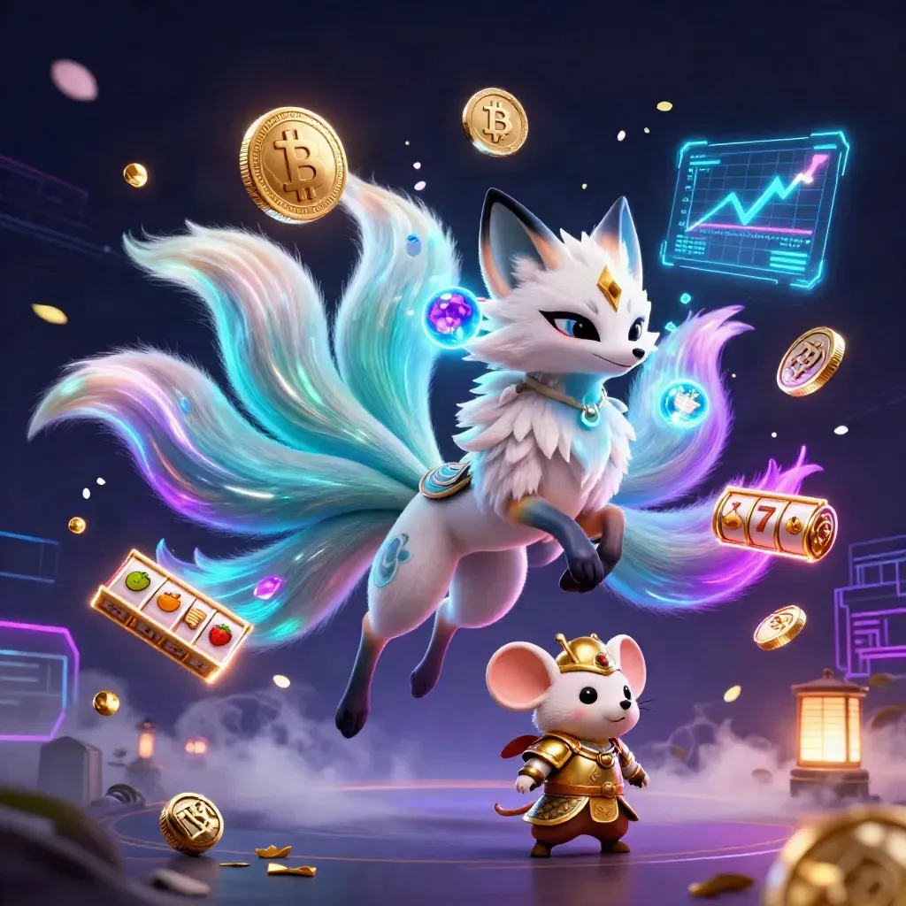 Neunschwänziger Fuchsgeist mit Samurai-Maus, Krypto-Coins und leuchtender Casino-Fantasy.