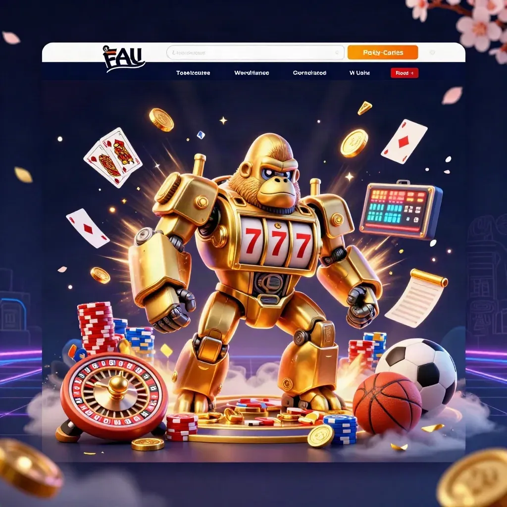 Goldener Gorillamech mit Affenpilot, Münzen, Karten, Chips und Sport-Elementen im Neon-Casino.