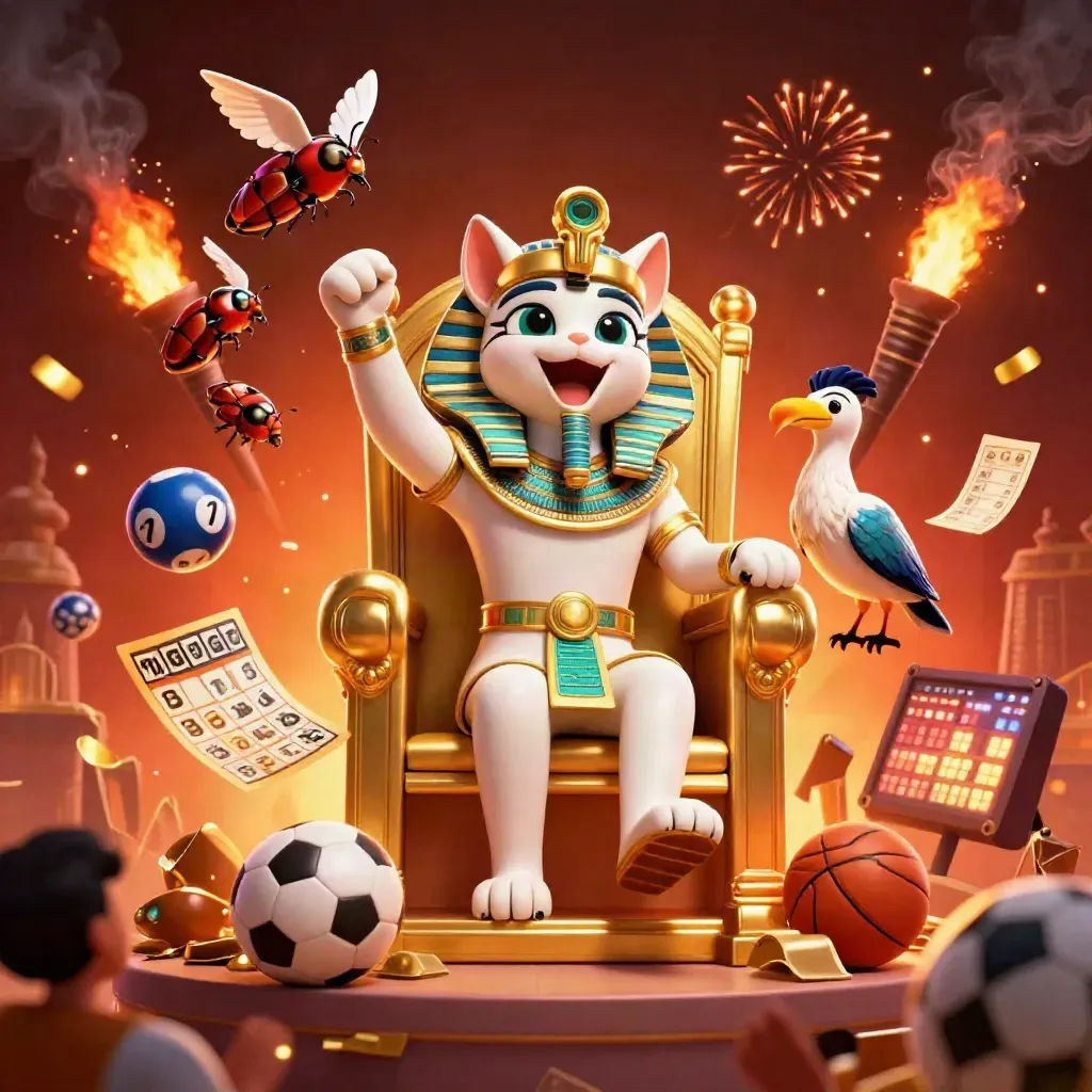 Pharaonen-Katze auf Thron, Käfer, Glücksrad, Goldmünzen, Sportbälle und Feuerwerk