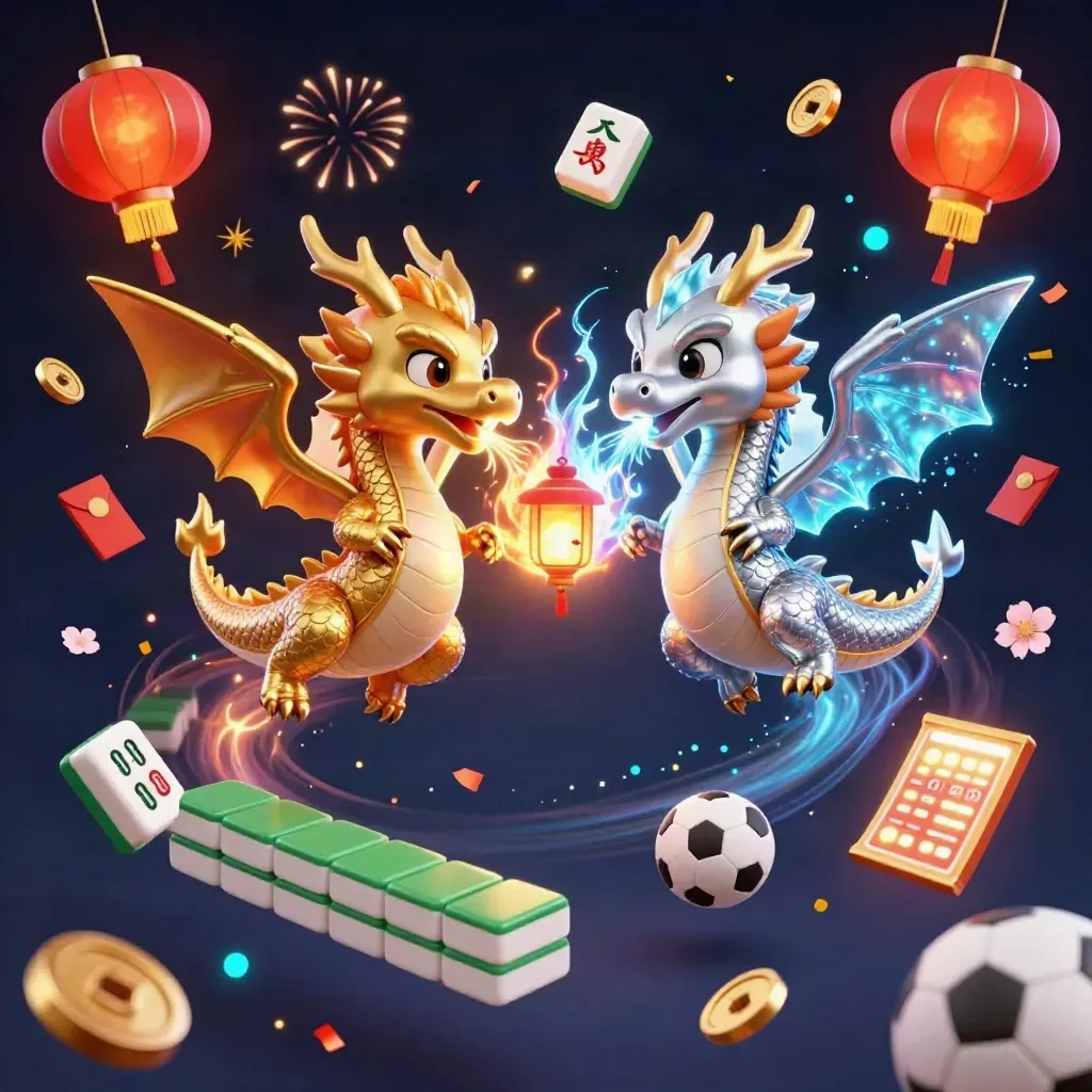Zwei Drachen, Münzen, Feuerwerk und Glücksspiel-Elemente vor dunklem Casino-Hintergrund.