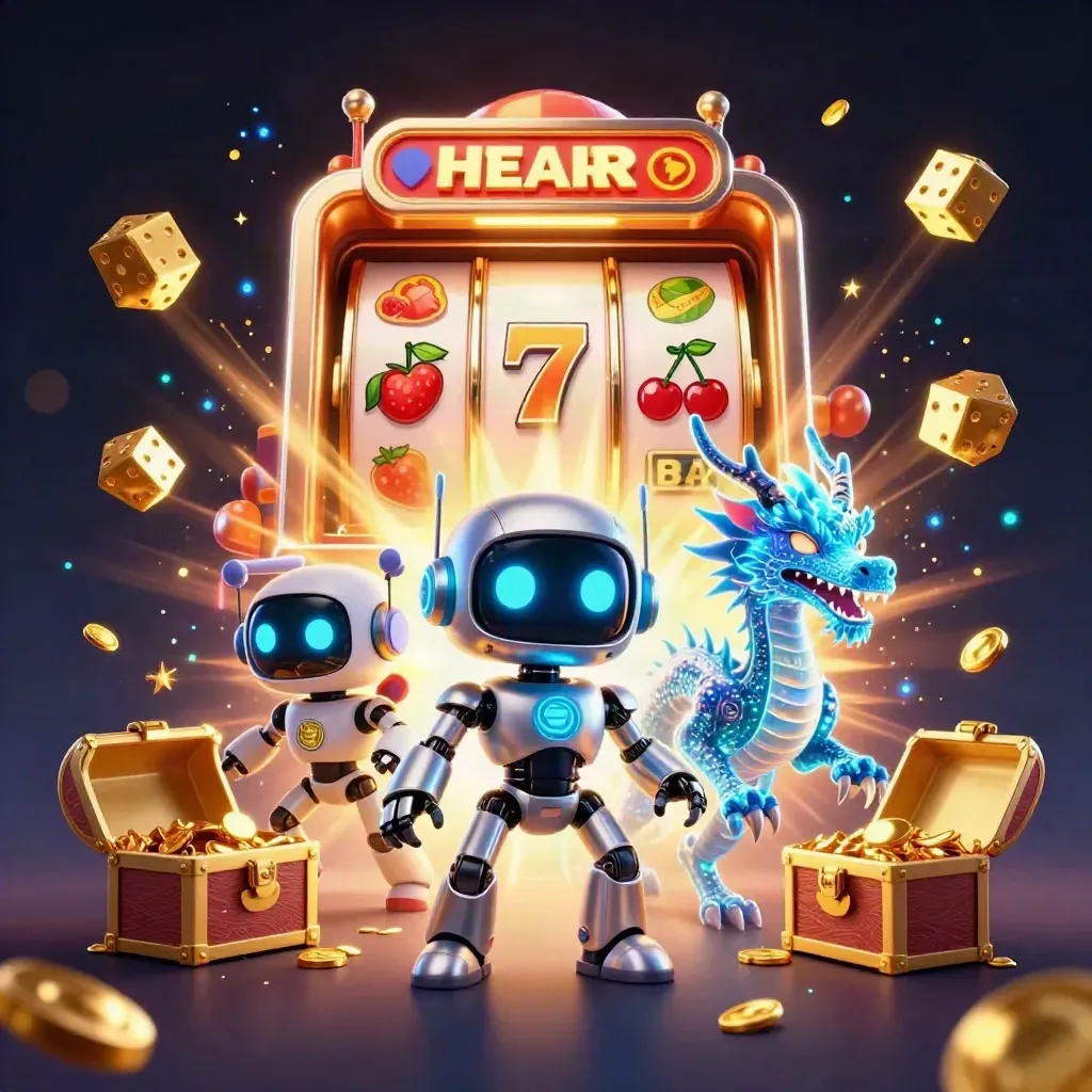 Chromroboter, Hologramm-Drache und Coin-Drohne vor explodierendem Slot-Automaten im Dunkelblau.