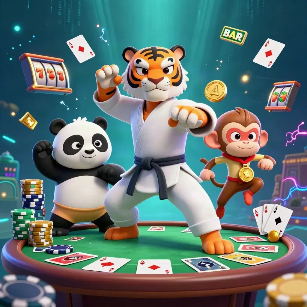 Drei Cartoon-Tierkämpfer mit Pokerchips, Karten und leuchtendem Casinoglanz unter Wasser.