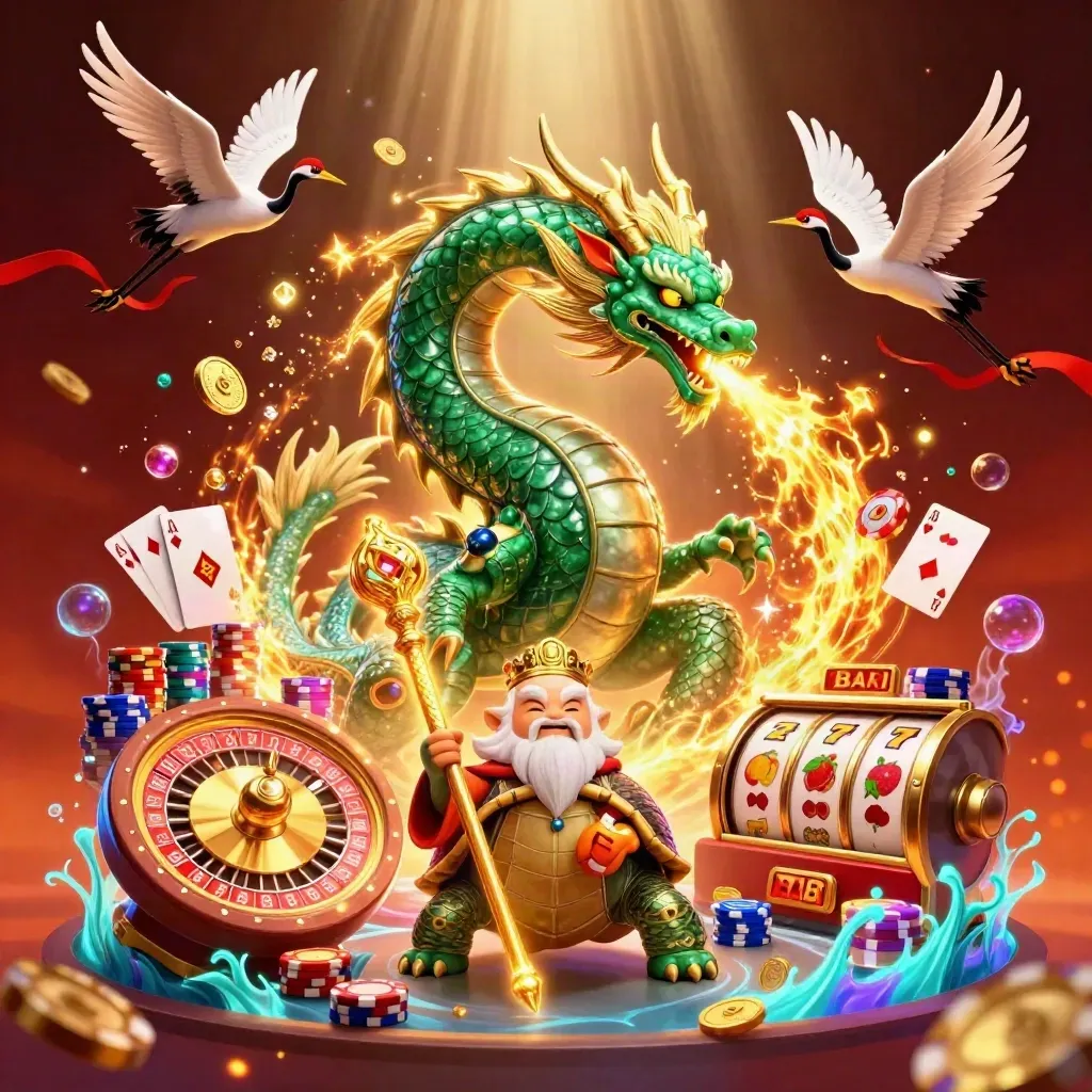 Grüner Jadedrache mit Schildkrötenweise, zwei Kraniche, Münzen, Chips und goldenen Effekten