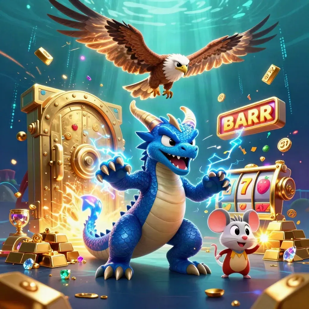 Thunderdrache, Windfalke und Maus vor Goldtresor mit Blitzen und Slot-Symbolen.