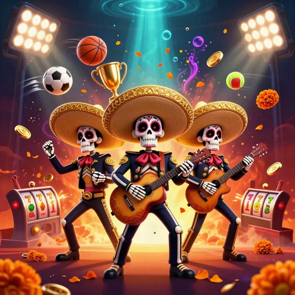 Drei Skelett-Mariachis mit Sombreros, Sportbällen, Trophäe und Neon-Glühen.